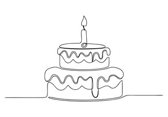 Minimalist continuous line drawing of a birthday cake with one lit candle and dripping frosting in black and white

