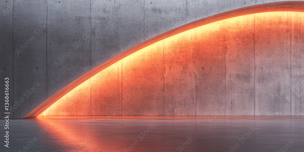 Poster concrete wall with orange backlight, creating a minimalist, modern showcase ideal for product displa
