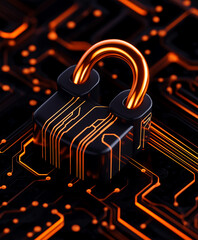 Gold padlock with tech background, data protection concept. Cybersecurity lock on circuit board, Futuristic security illustration