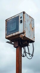 Rusted control box on a pole against overcast sky. Possible use industrial, transportation, or safety image