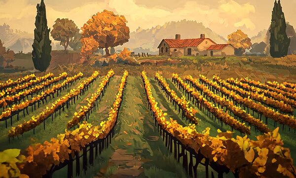 Serene autumn vineyard landscape with rows of grapevines, a rustic house, and colorful trees