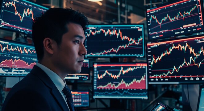 Focused Asian Trader Analyzing Stock Market Data on Multiple Monitors in a Dark Office