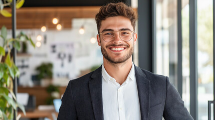 Fototapeta premium Confident young man smiling in modern office environment - 