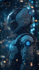 Futuristic astronaut figure, city lights, gazing at distant stars, digital art