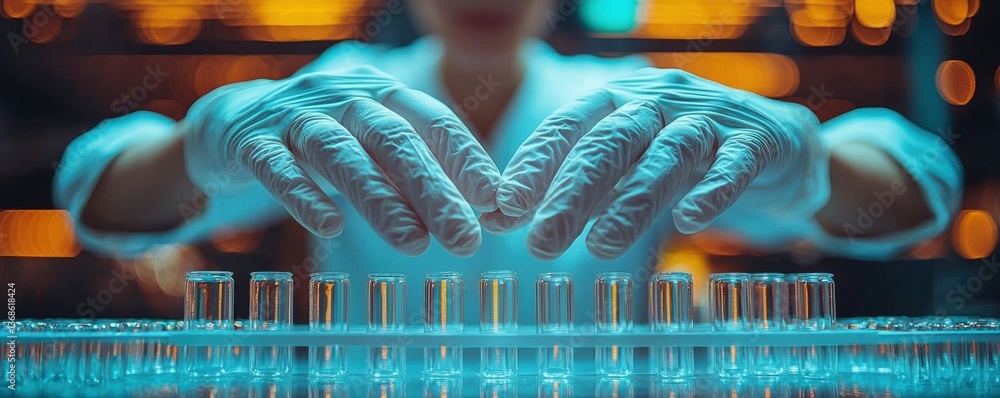 Poster scientist wearing gloves handling test tubes in a laboratory setting