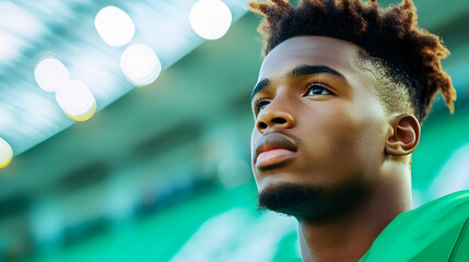 Athlete gazes intently ahead, displaying concentration before a crucial moment in the game