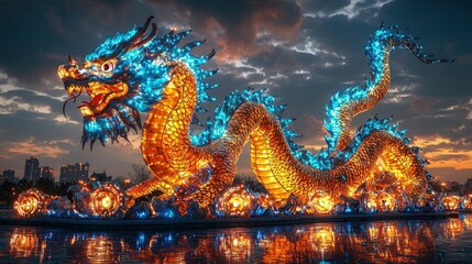 Obraz premium Illuminated dragon sculpture sunset spectacle
