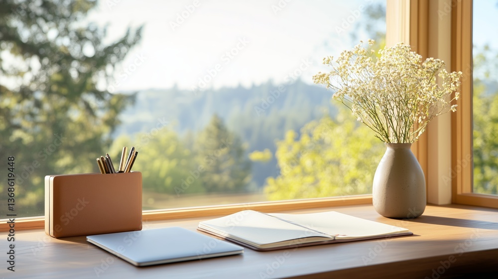 Poster natural light fills a cozy workspace with a beautiful view of trees and a vase of flowers on a woode