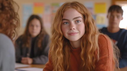 Engaged girl smiling during classroom discussion  