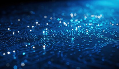 Close-up of blue circuit board with glowing lights, representing advanced technology and digital connections.