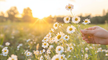 Hand picking daisies in a sunlit field  