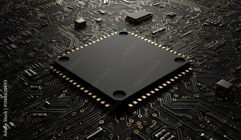 Poster close-up of black microchip on electronic circuit board with gold connectors. represents technology 
