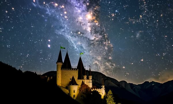 The night sky over a mountain with a castle in the foreground