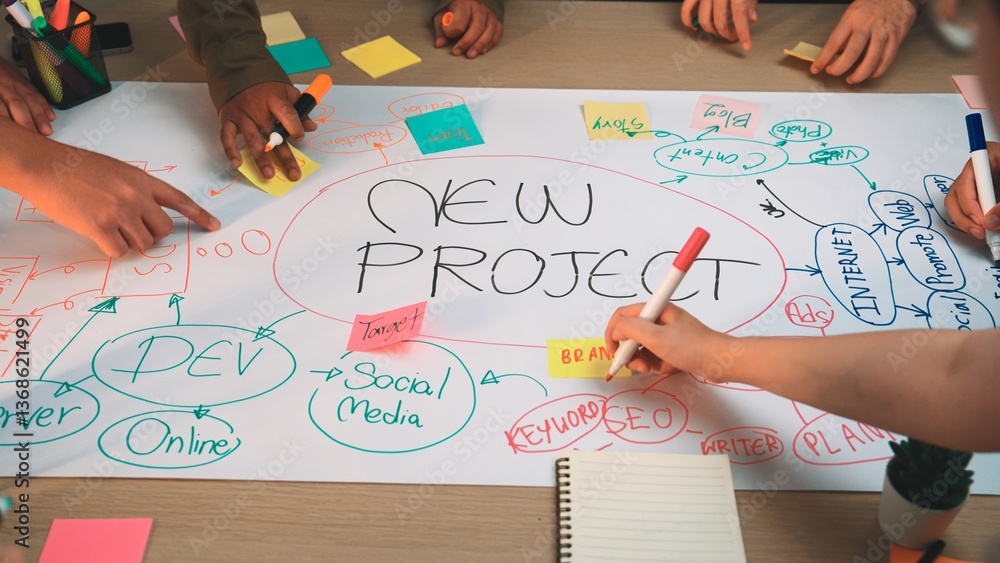 Poster a vibrant workspace showcasing a collaborative effort for a new project featuring colorful sticky no