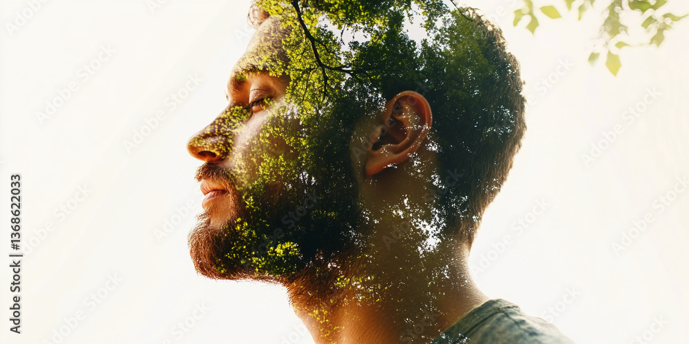 Poster double exposure image of man's profile overlaid with foliage, conveying connection between humanity 