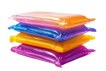 A vibrant stack of colorful, translucent pouches, showcasing a playful energy and bold hues against a bright white background.