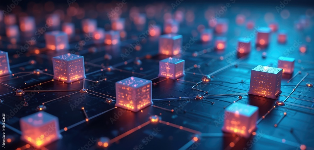 Poster abstract 3d digital background with glowing cubes representing data flow and connection. modern tech