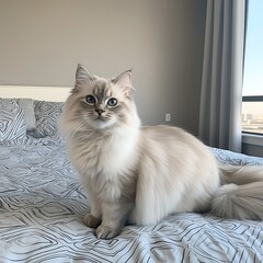 Fluffy Ragdoll cat on bed.
