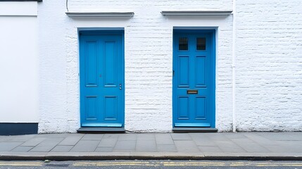 Fototapeta premium Professional Close-up of White Painted Wall with Two Blue Doors for Interior Design Inspiration