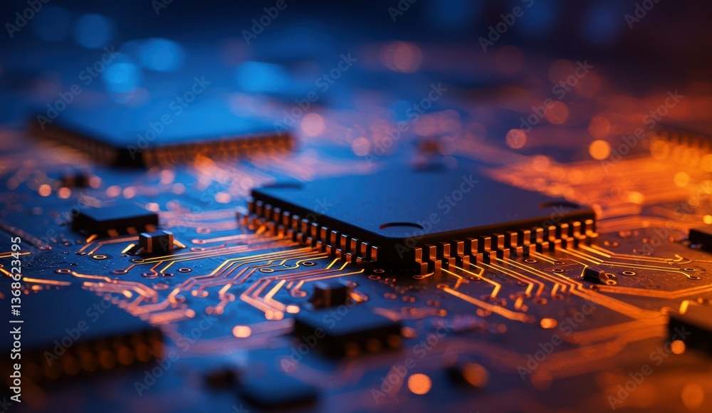 Aufkleber close-up of computer chips on circuit board depicting high-tech electronics and innovation themes.