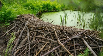 Fototapeta premium Beaver dam with sticks and branches in wetland area