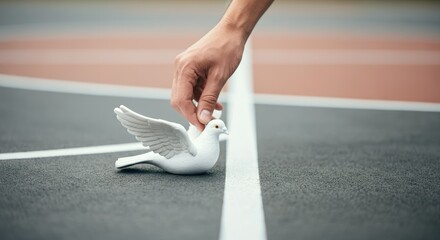 Person placing white dove on sports court line, symbolizing peace and calm in competitive environment