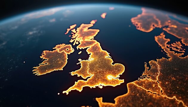 Night view UK from space, illuminated with city lights. Detailed map of Great Britain with Ireland. Futuristic, digital tech, global, world, planet, Europa. Dark blue ocean around land. 3D render.