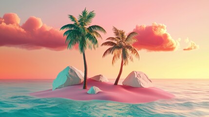 Obraz premium Tropical sunset over pink sandy island with stylized palm trees