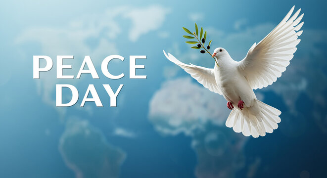 Dove holding olive branch flying on world map for Peace Day celebration. White dove with olive branch as symbol of peace on the background of world map - Powered by Adobe