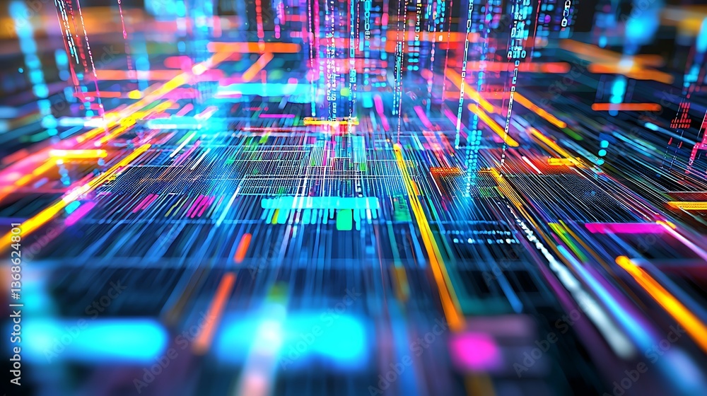 Poster abstract digital network. a vibrant, dynamic display of interconnected lines and glowing elements