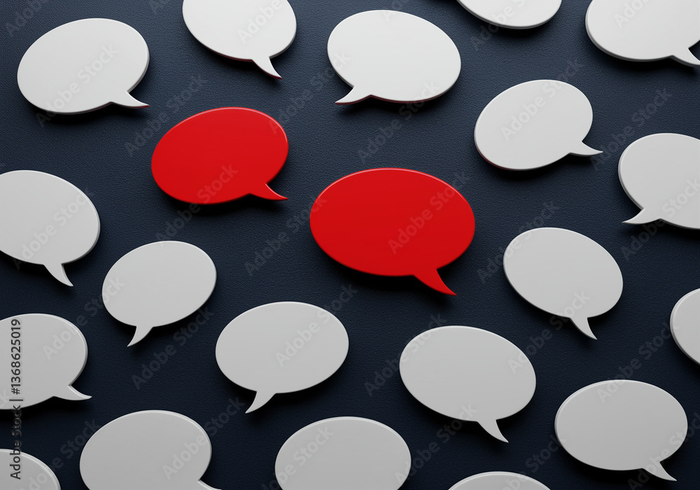 Poster Speech bubbles on dark background showing communication concept with white and red colors. Speech bubbles arranged on dark surface creating pattern for discussion and interaction