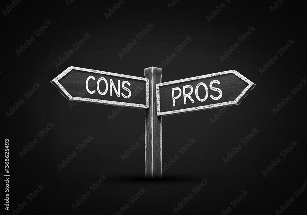 Poster pros and cons signpost on dark background. the image shows a wooden signpost with two arrows pointin