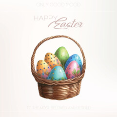 Cheerful watercolor Easter basket full of colorful eggs and fresh spring flowers for vibrant seasonal projects.