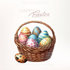 Easter basket decorated with birds, eggs and flowers for gentle and cozy spring designs.