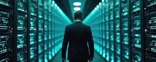 Businessman walks inside modern server room. Data center with secure servers, cloud storage, protected digital environment. Data safety technology, cyber security, data protection. Business concept