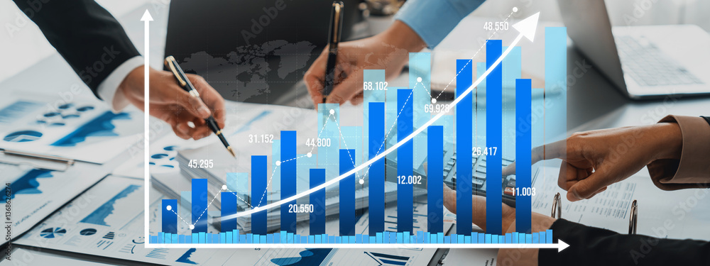Aufkleber dynamic image depicting business professionals analyzing growth charts and graphs, emphasizing teamw