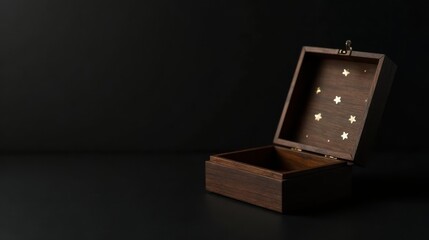 Fototapeta premium An empty dark wooden box with tiny golden stars adorns its interior, hinting at untold stories and hidden treasures within its depths.