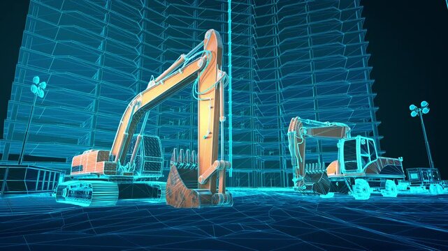 Terrain wireframe scan on construction site with excavators, wireframe lines appear on the ground, excavators and buildings during skyscraper construction. 3D animation.