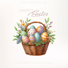 Rustic Easter basket with flowers and eggs – watercolor vector