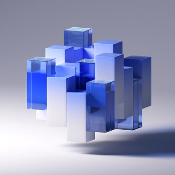 Fototapeta Aesthetic composition of plastic and glass cubes. 3d render.