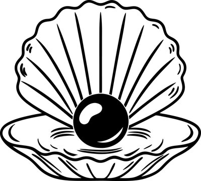 Black pearl in an open seashell line art design on white background