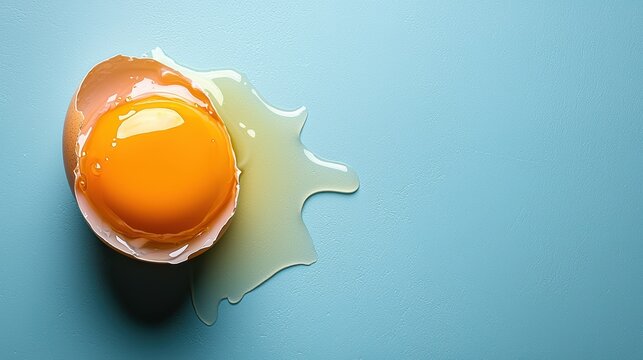 A cracked egg with glossy orange yolk on a light blue background for national egg day - Powered by Adobe
