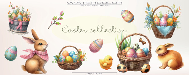 Easter watercolor vector set with rabbits, flowers, and colorful eggs