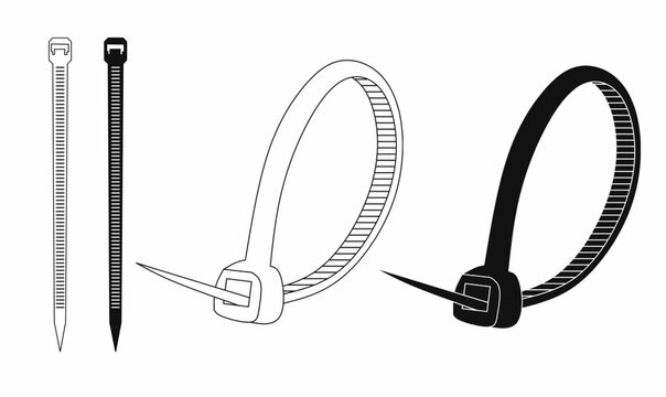 Zip Tie Cable Tie Icon Set.Black and white vector illustration of zip ties, including straight and looped variations. Ideal for security, fastening, cable management, and tool-related concepts