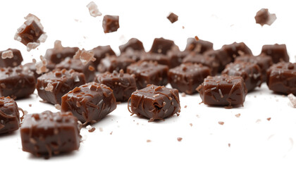 Falling chocolate candies isolated on transparent background. 