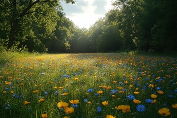 Obraz premium Sunlit wildflowers bloom vibrant in green meadow