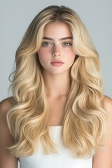 Fototapeta premium Blonde woman with long wavy hair, and portrait.
