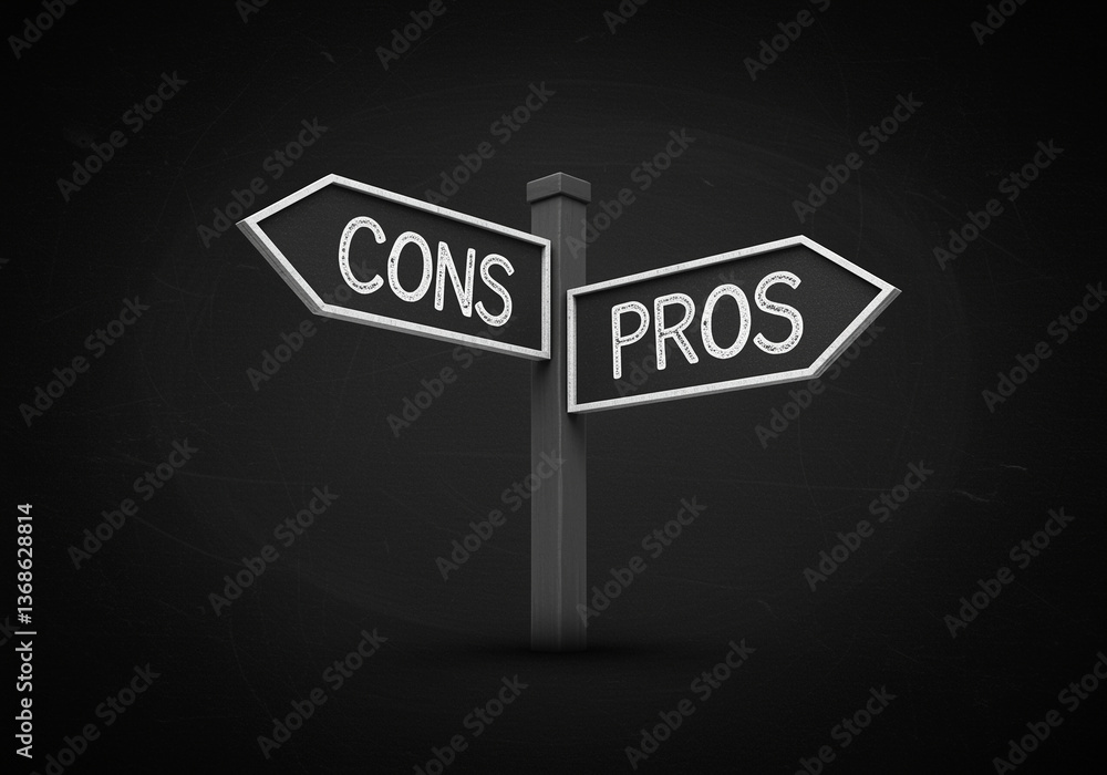 Poster signpost with pros and cons directional signs on dark background. road sign with pros and cons point