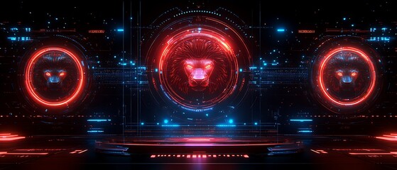 Futuristic lion head in digital interface.