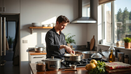Young man cooking in a modern kitchen with natural light  